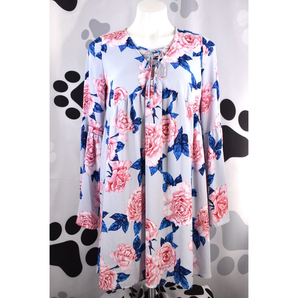 Altar'd State 3/4 Bell Flute Sleeves Floral Boho Cage Neck Babydoll Dress Blue M